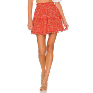 1.State Orange Paisley Print Tiered Mini Skirt with Ruffle Hem & Elastic S